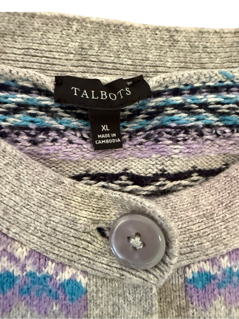 Talbots Lavender Blue Grey Crewneck Fairisle Cardigan XL - Picture 7 of 8
